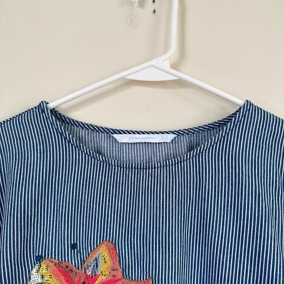 Zara Floral Embroidered Denim Striped Balloon Puff Sleeve Top SMALL - Picture 5 of 12